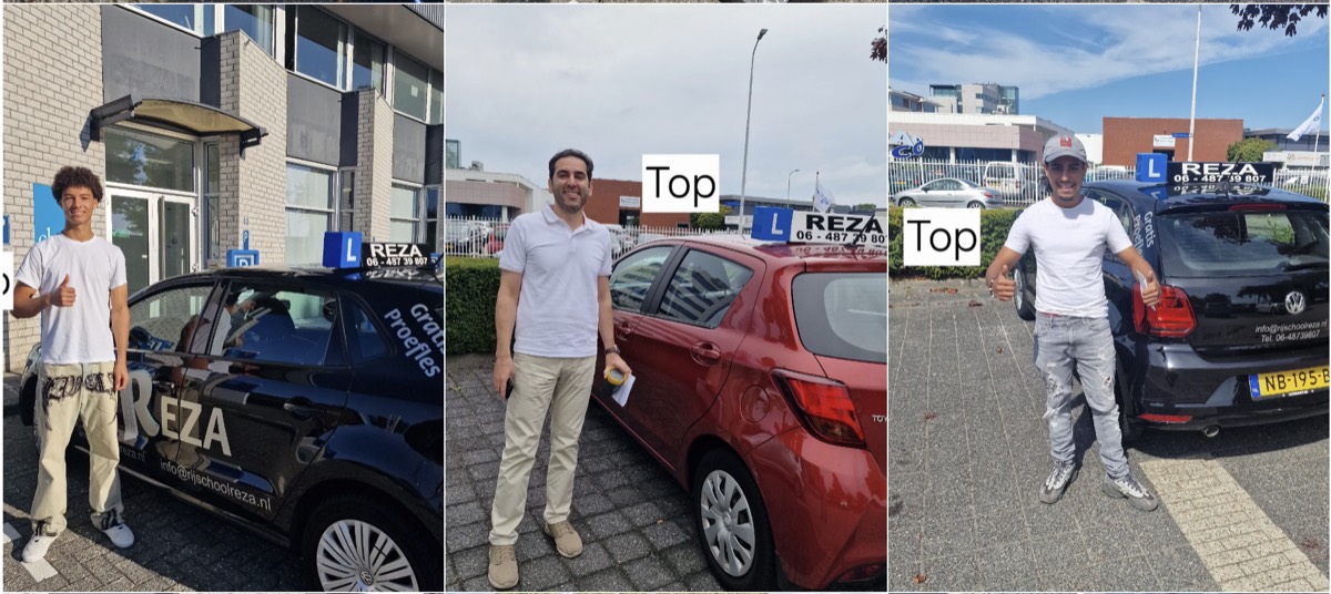 Leerlingen naast de lesauto’s van Rijschool Reza, fotocollectie 4