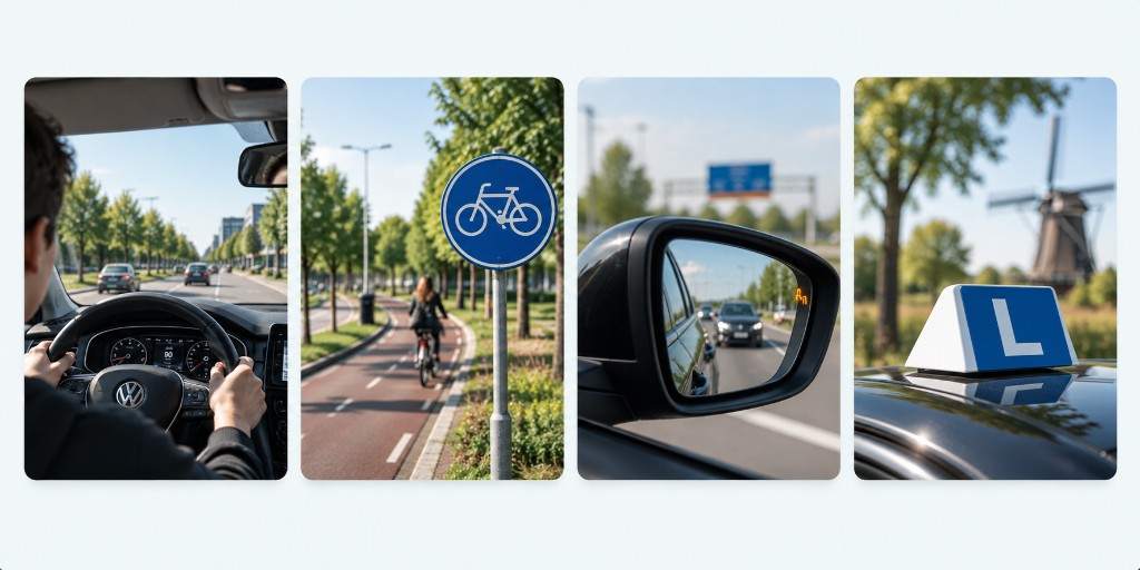 Rijden, fietspad, spiegels en lesbord